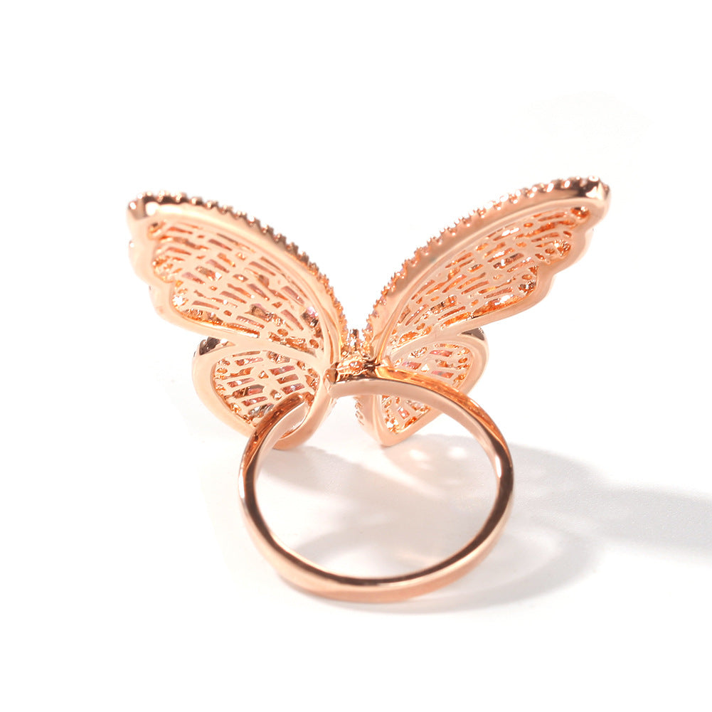 Baguette Crystal Butterfly Ring — 3D Filigree Open Band, Unisex