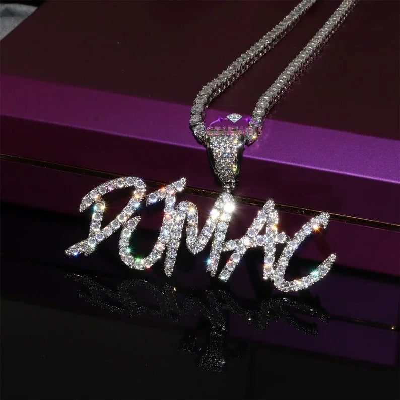 Brush Graffiti Script Custom Name Pendant — Pavé Iced Out Letters