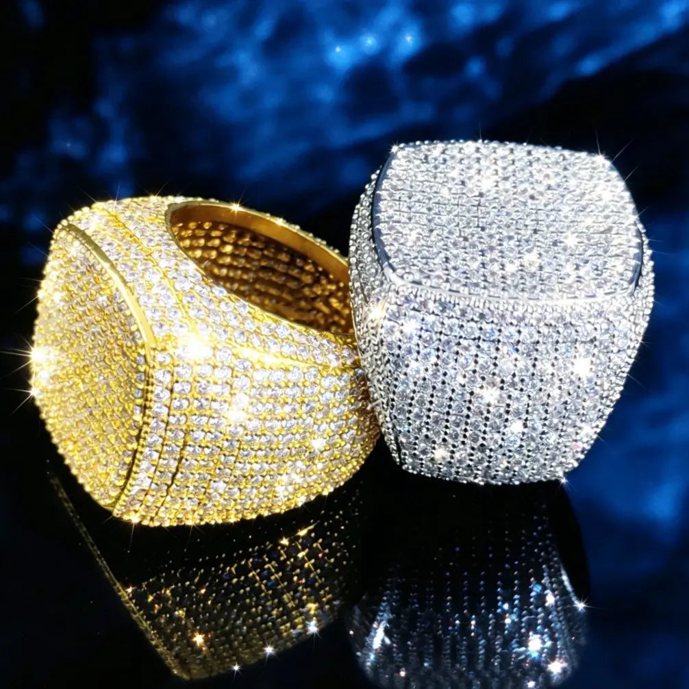 Iced out rings in gold and silver — custom letter and ready-to-ship CZ stone-set styles by VibePlugs