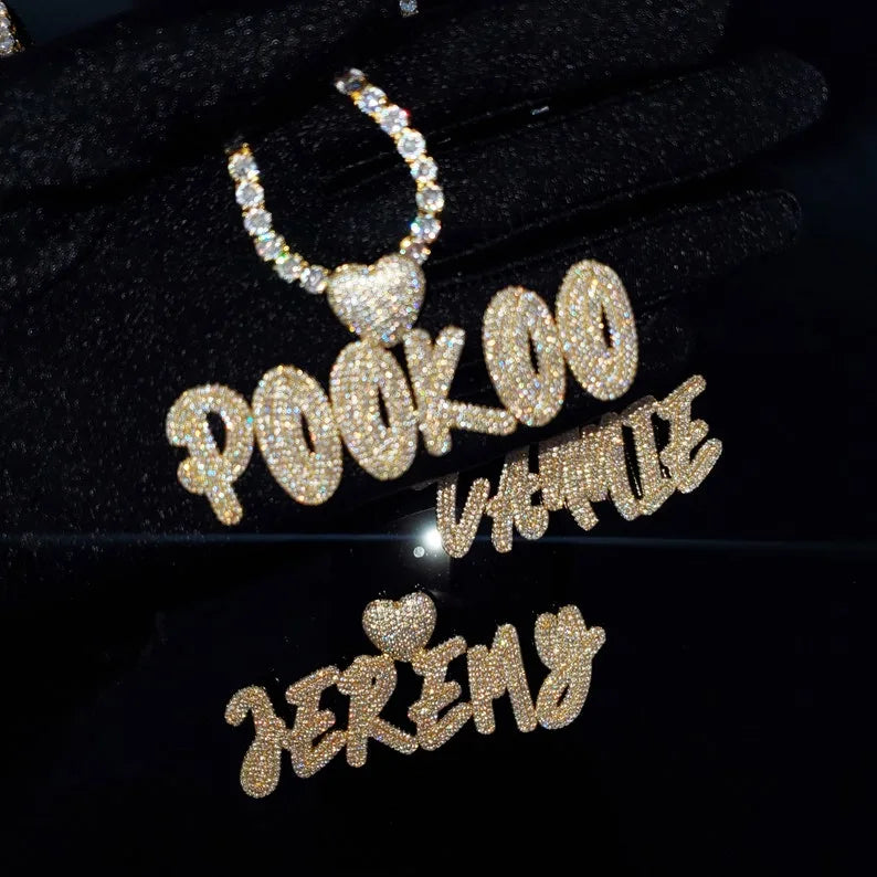 Initial necklace vs full name necklace comparison — iced out custom name pendants by VibePlugs