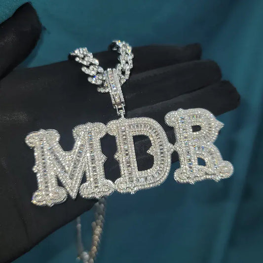 Custom Old English name necklace pendant with gothic lettering paired with a chain