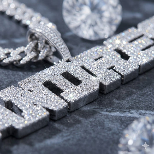 5A cubic zirconia vs moissanite iced out jewelry comparison — custom name pendants and chains by VibePlugs