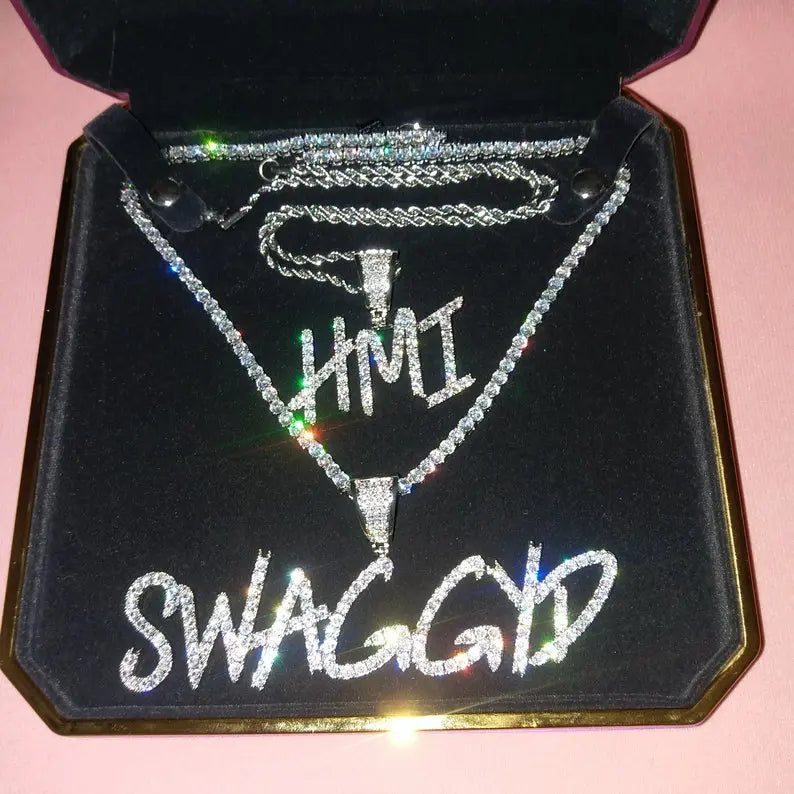 Iced out angel number necklace with baguette CZ block digits on a chain