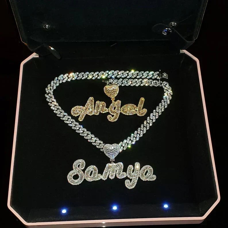 Cursive, block, and gothic custom name pendant font styles comparison — VibePlugs iced out jewelry 2026
