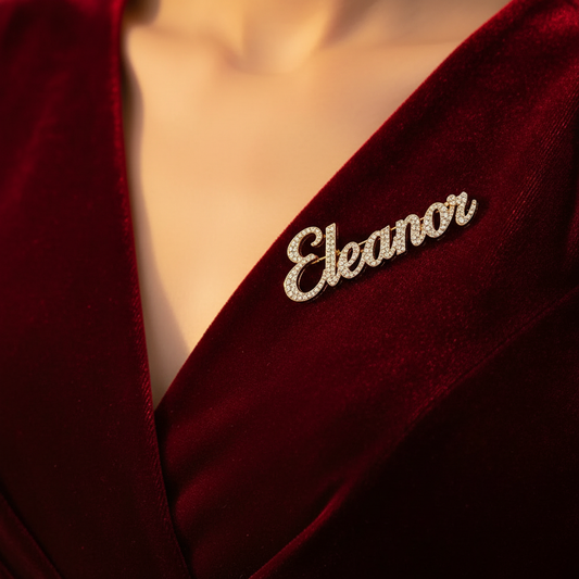 Custom iced-out cursive name brooch — how to wear a brooch on jacket, coat, bag and evening gown