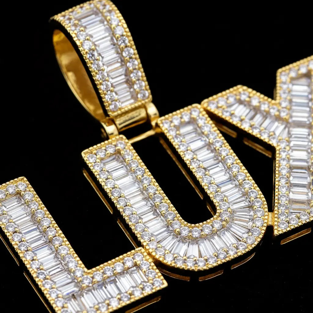 Gold iced out name pendant with baguette cut CZ stones channel-set in rows, showing rectangular step-cut facets