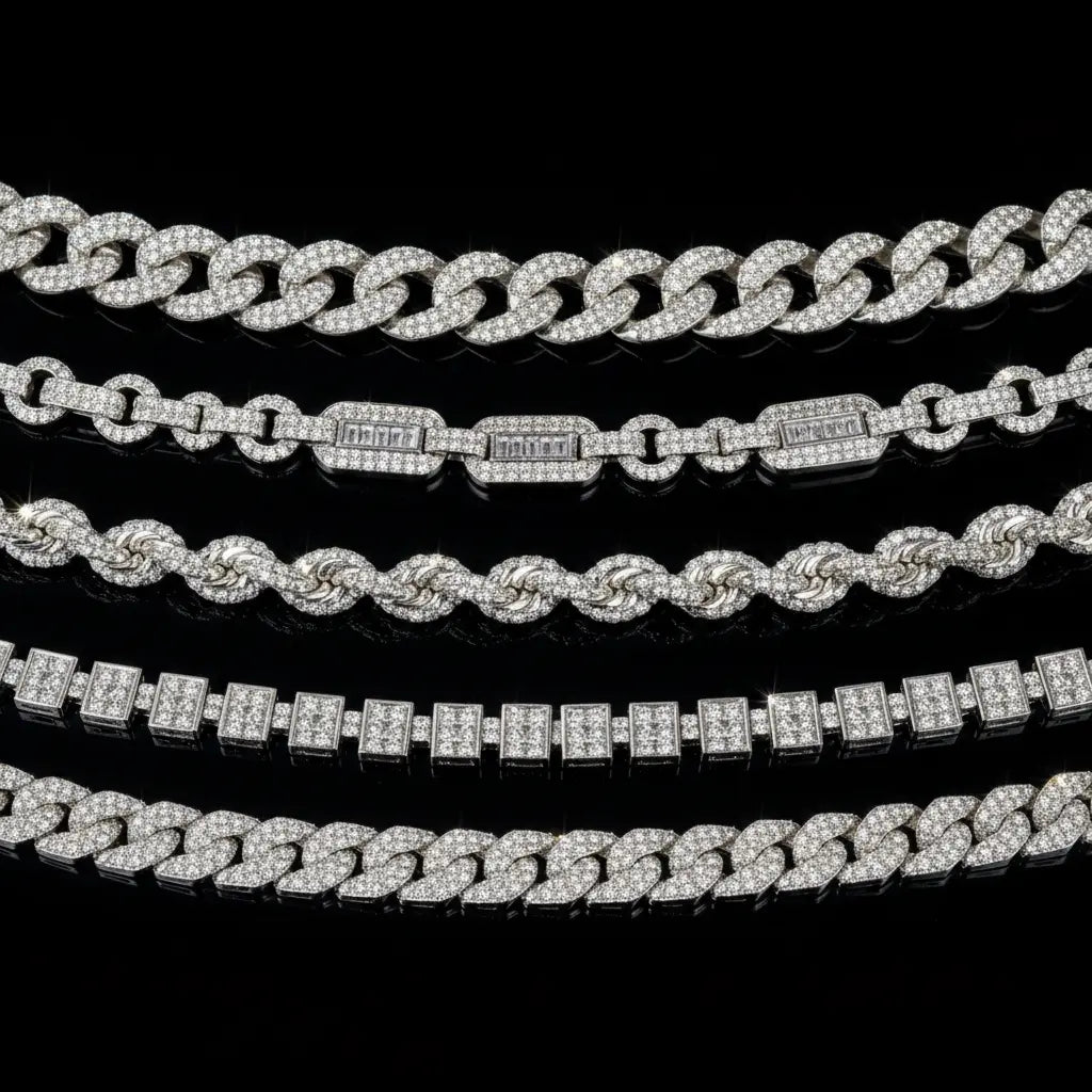 Five iced out silver chain types side by side on black background — Cuban, Figaro, Rope, Box and Franco link styles