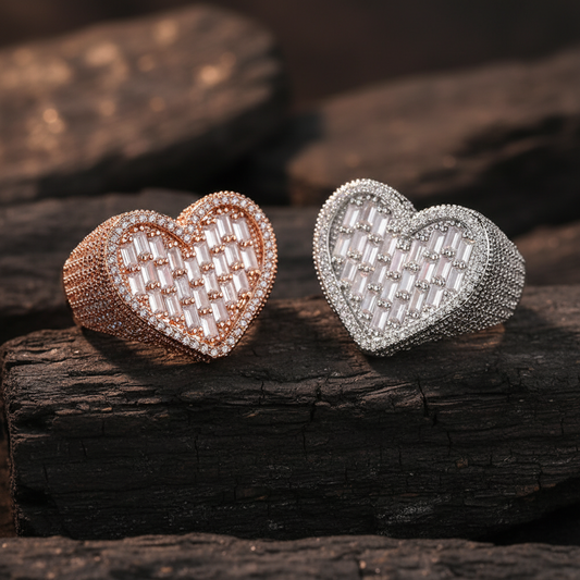 Rose gold and silver iced out heart CZ rings side by side — custom promise ring and anniversary ring couple set