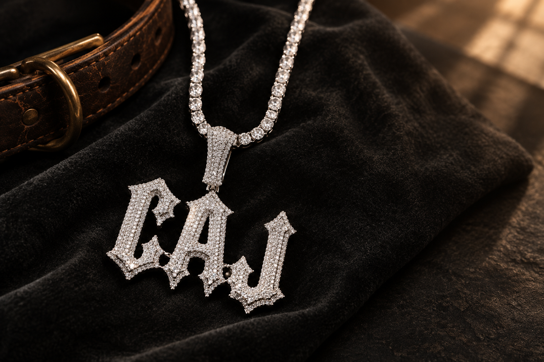 Editorial composite featuring VibePlugs iced-out Gothic letter necklace beside a brown dog collar on dark velvet