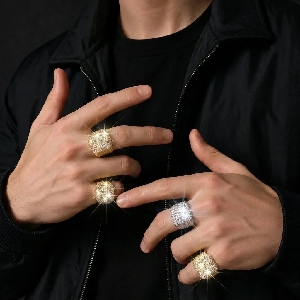 Male pinky ring style — iced out square signet ring worn on man's little finger
