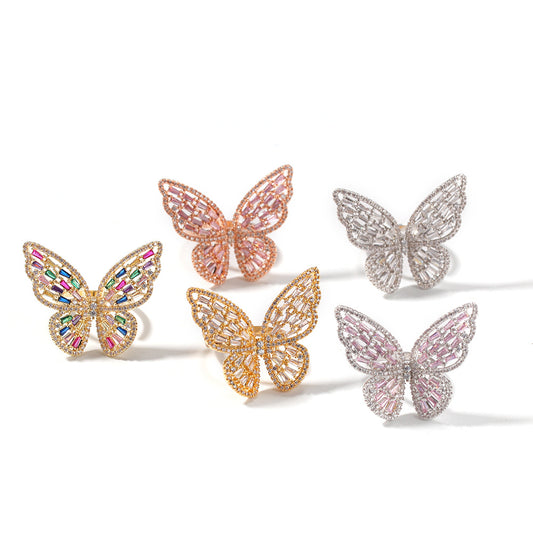 Baguette Crystal Butterfly Ring — 3D Filigree Open Band, Unisex