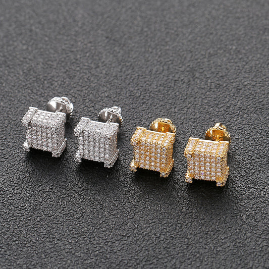 Iced Out Square Stud Earrings — 3D Cube Micro Pavé CZ Gold Silver