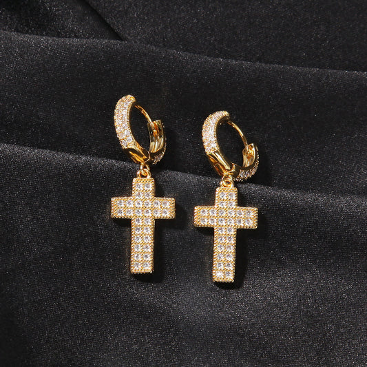 Pavé Cross Drop Huggie Earrings — Gold, Silver & Rose Gold