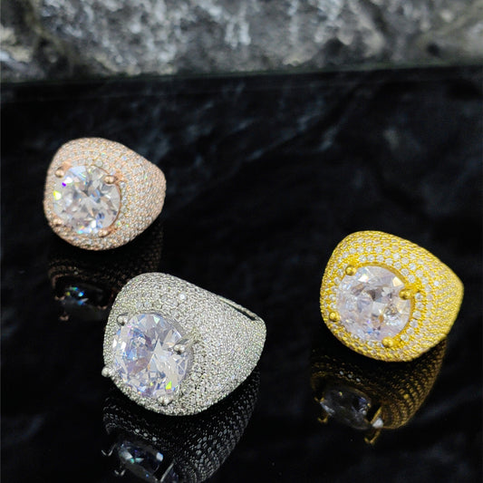 Iced Out Halo Cube Ring – Round CZ Statement Ring for Men