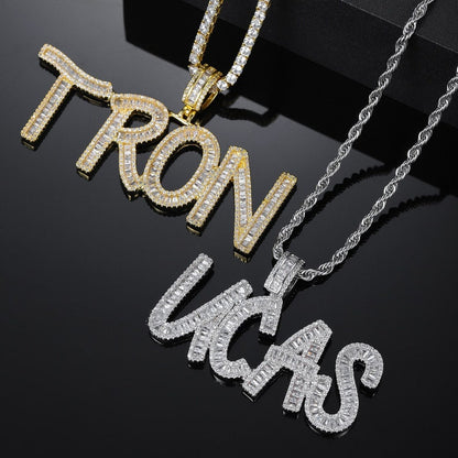 Borderless Baguette Block Custom Name Pendant — No Frame Edge-to-Edge Ice