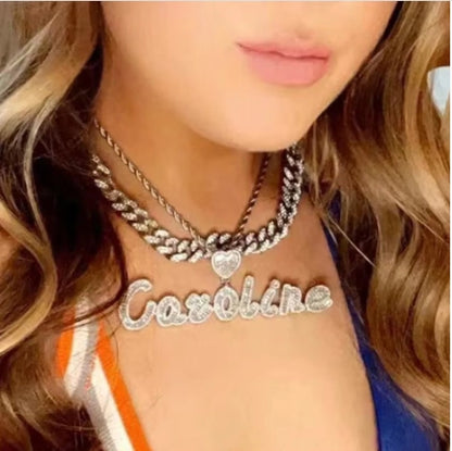 Baguette Cursive Script Custom Name Pendant with Heart Bail