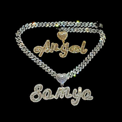 Baguette Cursive Script Custom Name Pendant with Heart Bail