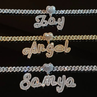 Baguette Cursive Script Custom Name Pendant with Heart Bail