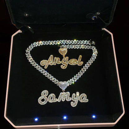 Baguette Cursive Script Custom Name Pendant with Heart Bail