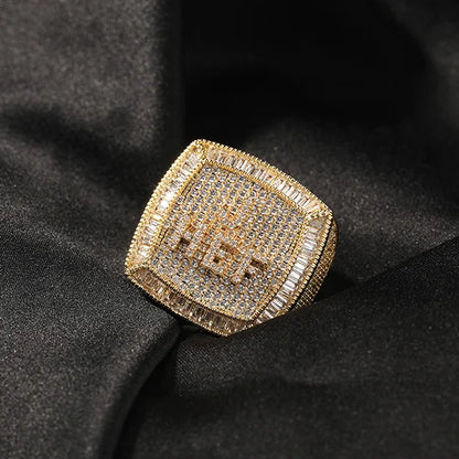 Custom Iced Out Nameplate Ring — Engraved Letters on Championship-Style Face