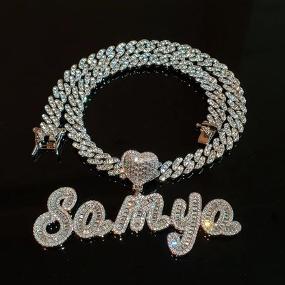 Baguette Cursive Script Custom Name Pendant with Heart Bail