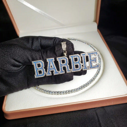 Two-Tone Varsity Block Custom Name Pendant — Blue & White CZ