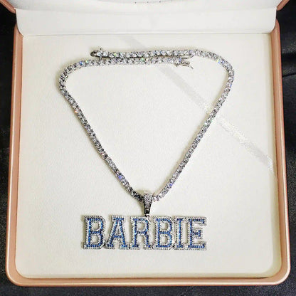 Two-Tone Varsity Block Custom Name Pendant — Blue & White CZ